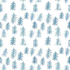 Watercolor seamless blue pattern of Christmas tree. Hand drawn illustration on the white background