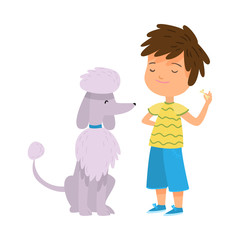 Boy training his poodle dog in blue collar vector illustration