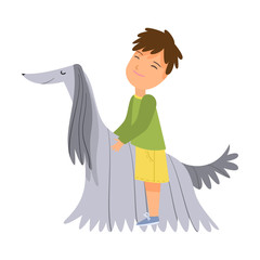 Boy riding his dog pet with long hair vector illustration