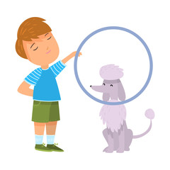 Boy training his grey poodle dog with hoop vector illustration