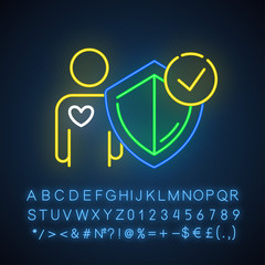 Life insurance neon light icon. Investment in personal healthcare. Protection, secure living. Safeguard, immunity. Glowing sign with alphabet, numbers and symbols. Vector isolated illustration