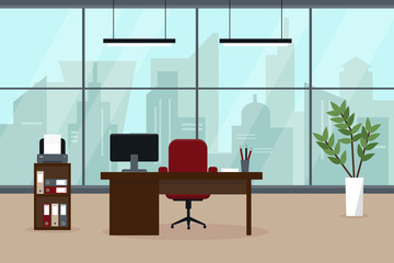 Modern office with big window, desk, computer, printer and plant. Workplace in modern city. Interior vector illustration.