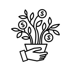 Money Tree. Financial icon. Growth, investment. Businessman hand holding tree with dollar coins