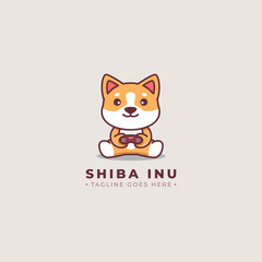 Cute shiba inu dog holding game controller, vector logo illustration