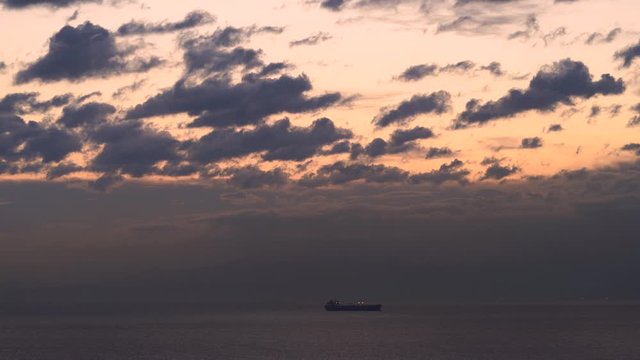 Panorama of the sea and sky with ship in 4k