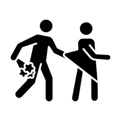 Date rape glyph icon. Women abuse. Sexual harassment of women, girls. Victim of assault. Unwanted sexual activity, sex without consent. Silhouette symbol. Negative space. Vector isolated illustration