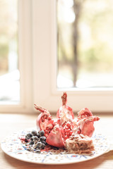 Dessert plate with pomegranate in front of window