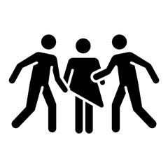 Gang rape glyph icon. Woman abuse. Violent behavior of rapist. Sexual harassment by group. Victim of assault. Unwanted sexual activity. Silhouette symbol. Negative space. Vector isolated illustration