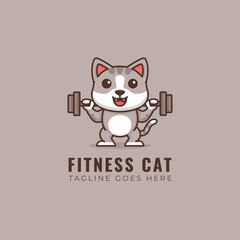 Cute cat lifting barbell, vector logo illustration