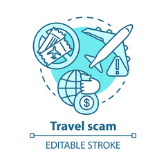 Travel scam concept icon. Journey dangers. Fake tourist tour winning. Financial fraud. Hidden costs in cheap trip idea thin line illustration. Vector isolated outline drawing. Editable stroke