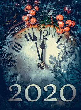 New Year's clock and decorations and numbers 2020. New two thousand and twentieth year.