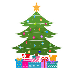Illustration of a green christmas tree with toys and gifts on a white background