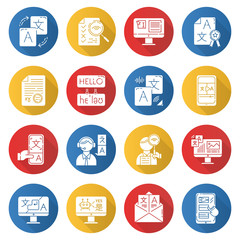 Translation service flat design long shadow glyph icons set. Instant online translation. Audio, video interpretation. Multilingual chatbot. Transcription, proofreading. Vector silhouette illustration