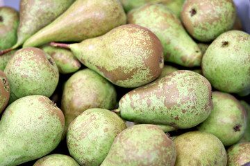  Fresh ripe pears as a background, top view, poster.