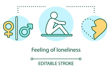 Feeling of loneliness concept icon. Breakup, relationship trouble idea thin line illustration. Gender symbols, depressed person and broken heart vector isolated outline drawing. Editable stroke
