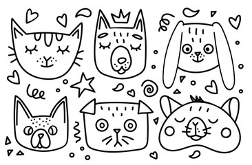 heads of pets cats and dogs. doodle illustration. drawn by hand. line drawing