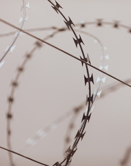Shallow depth of field (selective focus) and filtered image with a razor wire on the outside wall of a governmental institution on a cloudy day.