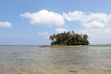 Tropical island with coconut palm trees in a ocean, picturesque view the calm water, selective focus. Colorful seascape, concept of vacation and paradise nature