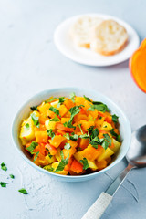 Pumpkin potato carrot stew in the bowl