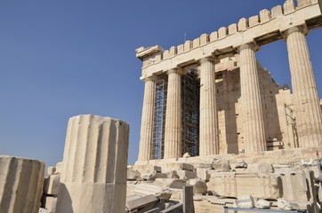 Athens, Greece, 10.28.2019. Ruins of Parthenon temple on a bright day in  Athenian Acropolis -...