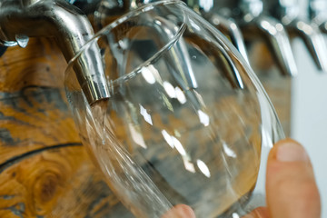 Pouring beer into a glass from the tap at bar. Beer bottling.