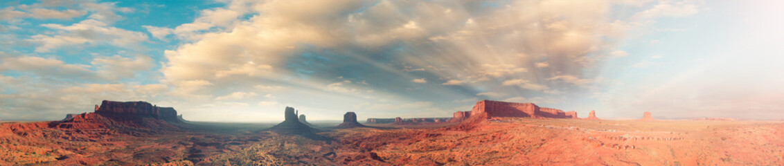 Aerial panoramic view of Monument Valley scenario at sunrise