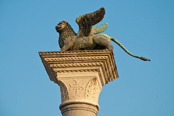 Venice, Italy: The column in the Piazzetta di San Marco with a sculpture of the Lion of Venice on top of it
