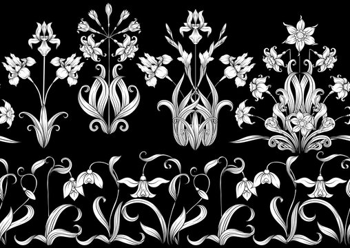 Spring flowers. Narcissus, Iris flower, lily of the valley, may-lily, Seamless pattern, background. Black and white graphics. Vector illustration. In art nouveau style, vintage, old, retro style