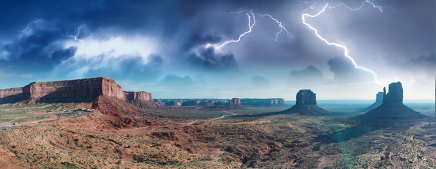 Amazing aerial view of Monument Valley in the Colorado Plateau with storm approaching, United States