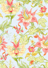 Fantasy flowers in retro, vintage, jacobean embroidery style. Seamless pattern, background. Colored vector illustration