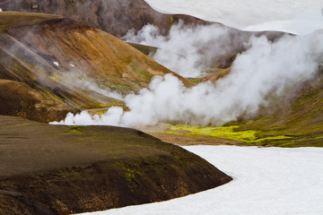 Icelandic mountain landscape. Hot springs and volcanic mountains in the Landmannalaugar geotermal area. One of the parts of Laugavegur trail