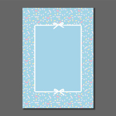 white ribbon and bows frame with pastel colored sweet border. Template for greeting card, invitation, poster, label, etc.
