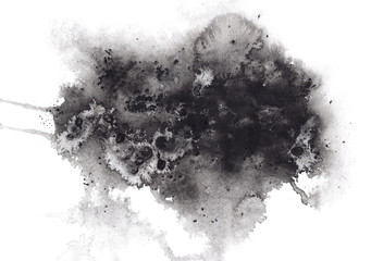 Abstract expressive textured black ink or watercolor stain. Mysterious dynamic isolated inky blob, dark thunderous cloud concept for texture, black friday banner design - obrazy, fototapety, plakaty