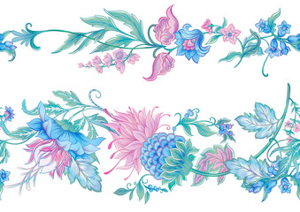 Fantasy flowers in retro, vintage, jacobean embroidery style. Seamless pattern, background. Colored vector illustration. Isolated on white background..