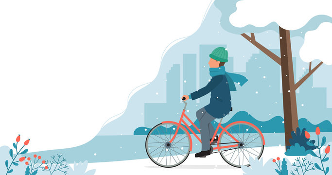 Man riding bike in the park in winter. Cute vector illustration in flat style.