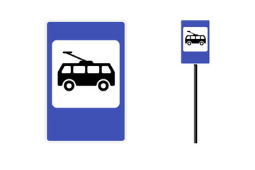 Trolley bus stop post station icon flat design. Blue city road public transport sign set. Trolleybus isolated vector symbol illustration on white background
