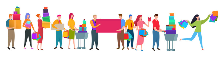Different cartoon peoples stay or waiting in long queue with purchases isolated on white background. Bright composition with characters in flat style. Vector illustration.