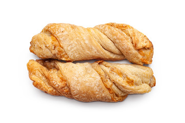 Cheese bread. Top view of two rolls of fresh baked homemade bread with cheese on a white background.