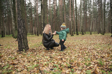 Naklejka na ściany i meble caucasian young mother and little child having fun in autumn Park, walking