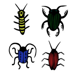 Hand drawn vector beetles set. Black and white insects for design, icons, logo or print. Drawn with dots.