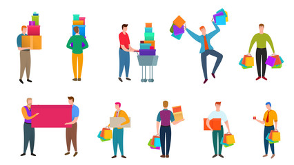 Set of different beautiful man holding shopping boxes or bags. Colorful flat composition with cartoon character isolated on white background. Bright design element for branding shop or website.