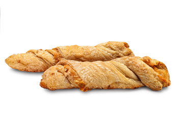 Cheese bread. Close-up of rolls ruddy warm homemade bread with cheese on a white background.