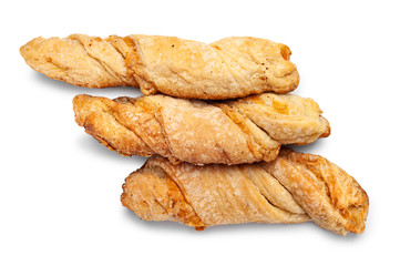 Cheese bread. Top view of three loaves of ruddy warm bread homemade pastries with cheese on a white background.