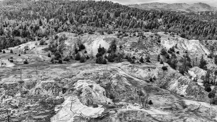 Yellowstone Mammoth Hot Springs, overhead aerial view of rocks and their beautiful colors