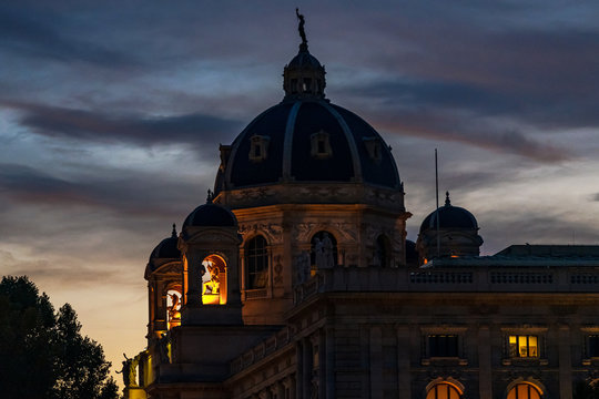 View from the Hofburg area at one of the flanking cupol towers during evening hours