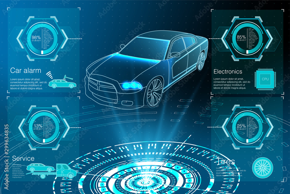 Poster car projection. hud ui. abstract virtual graphic touch user interface. car service in the style of h