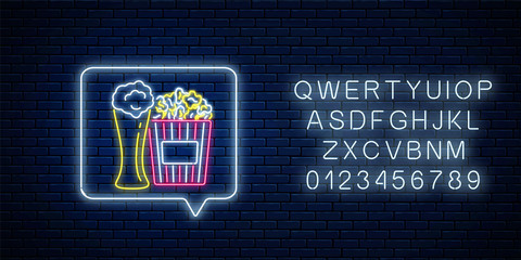 Glowing neon sign of beer and popcorn in message notification frame with alphabet. Food and drink symbol in neon style