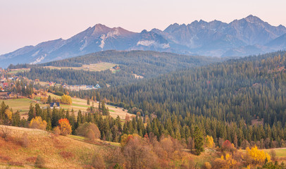 Beautiful,scenic,autumn landscape with view of the Tatra mountains,Poland.