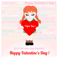 Greeting card with a girl holding a heart on glamor background . Vector illustration.