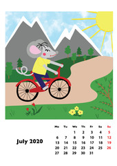 Children calendar 2020 for July, with main hero rat or mouse, a symbol of the new year. The week starts on Monday. Cartoon style digital drawing, vector